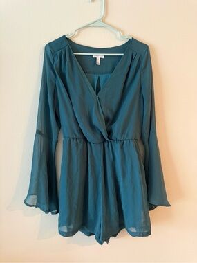 Leith Teal Faux-Wrap Long-Sleeve Romper